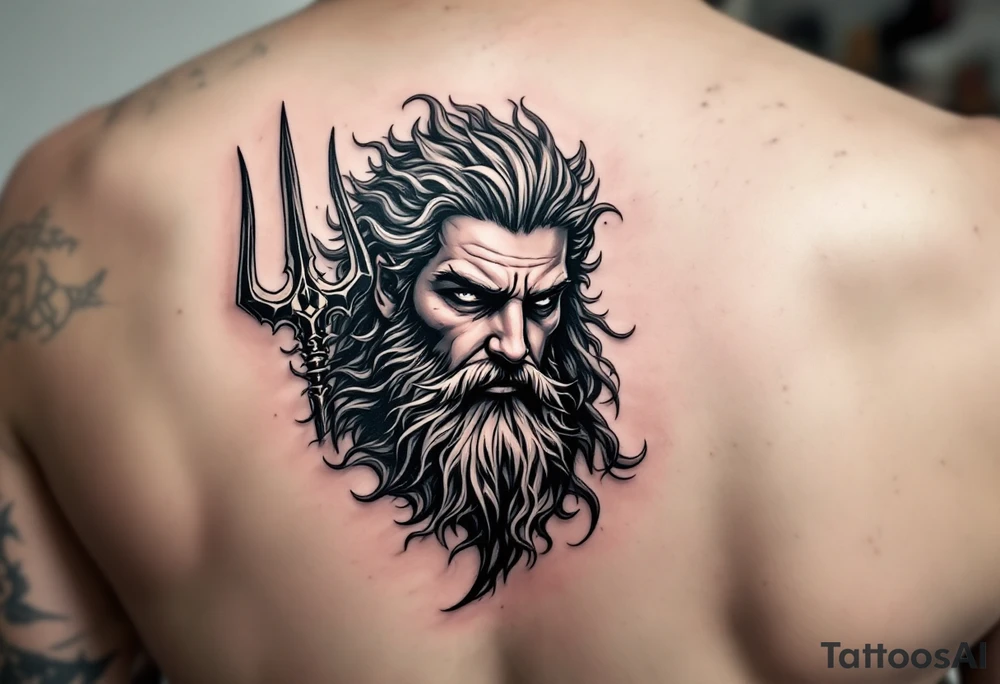 Poseidon god of the sea with trident tattoo idea