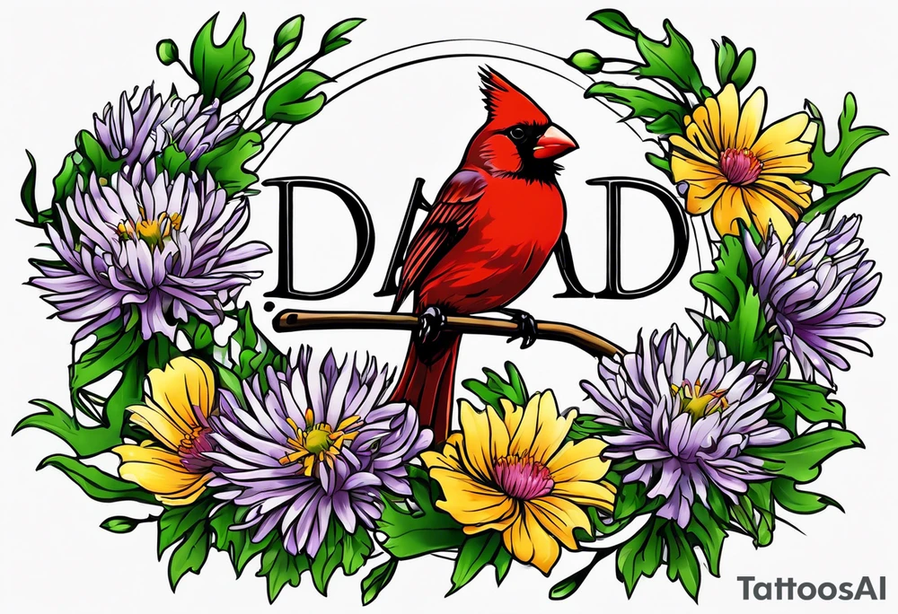 Aster flowers and sea rocket flowers with a cardinal around the words Dad tattoo idea