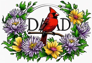 Aster flowers and sea rocket flowers with a cardinal around the words Dad tattoo idea
