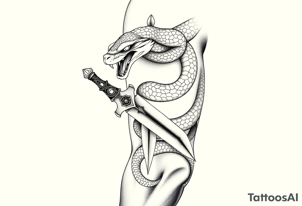 mystical snake coiled around an ancient dagger with jeweled hilt tattoo idea