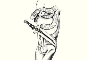 mystical snake coiled around an ancient dagger with jeweled hilt tattoo idea