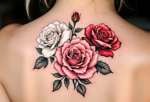 Three blossom roses in different stages of bloom—white (beginning), pink (growth), and deep red (passion)—sorted one under another tattoo idea