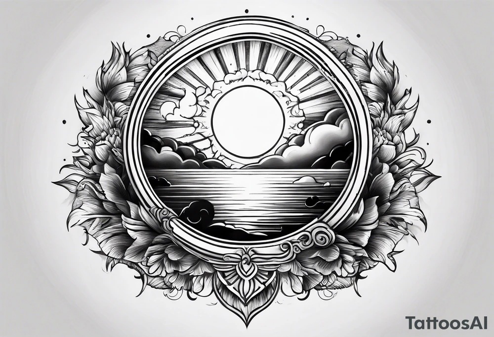 Small fire with sun rays on top over a half moon tattoo idea
