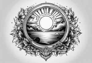 Small fire with sun rays on top over a half moon tattoo idea