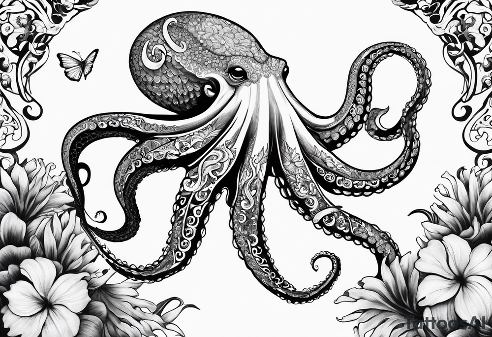 Half sleeve with octopus on shoulder and humpback whale on arm with Hawaiian flowers tattoo idea