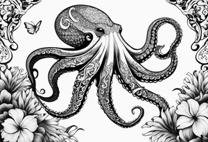 Half sleeve with octopus on shoulder and humpback whale on arm with Hawaiian flowers tattoo idea