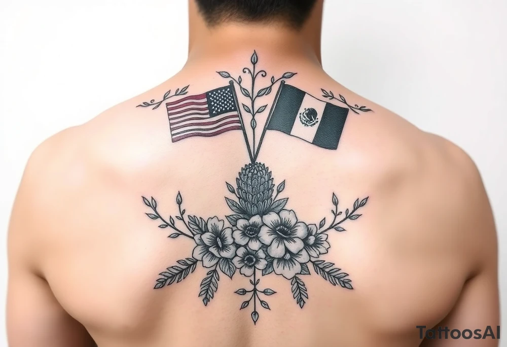 Small, feminine tattoo for placement on my clavical or lower back that reflects new life journey, delicate florals, ornaments and vines. Include U.S and Mexican flags and images of Mexican flowers. Design as if painted on a 3x3 Mexican tile with red, green and blue accents. tattoo idea