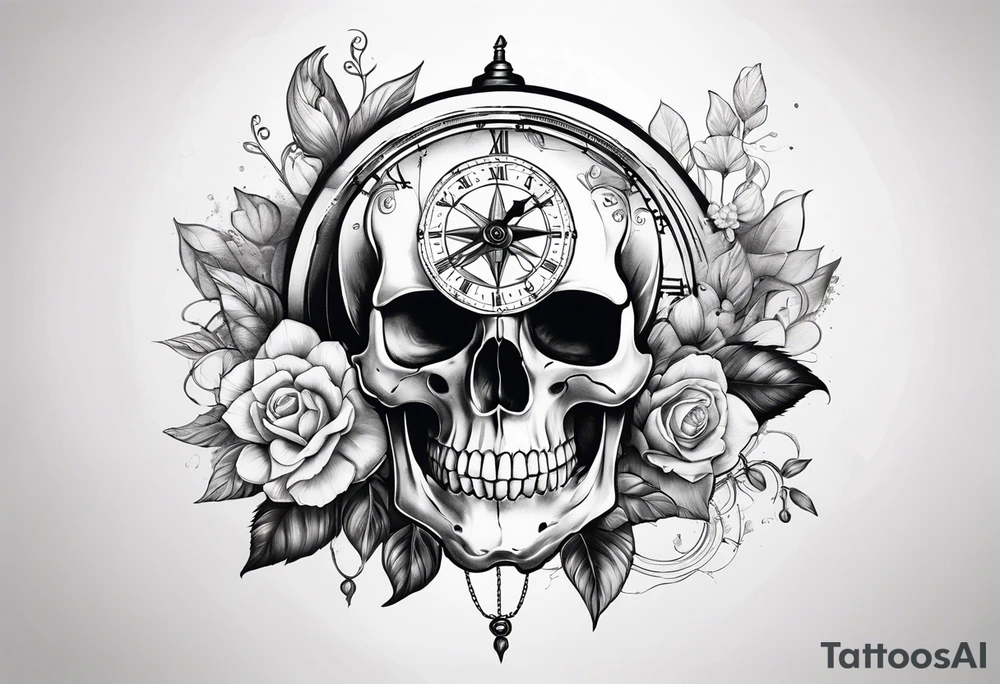 skull with clock, flower, compass, tattoo idea