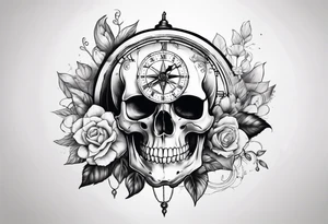 skull with clock, flower, compass, tattoo idea