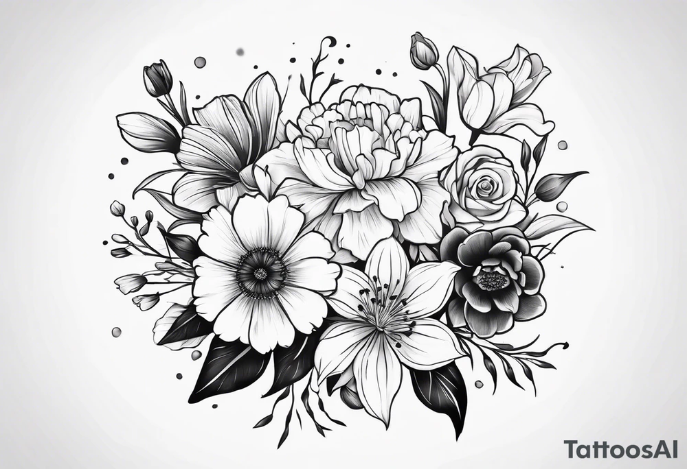 small minimalist black and white tattoo of a flower bouquet that MUST include 6 DIFFERENT flowers with ONE OF EACH: a carnation, a daffodil, a lily stock, a rose, a cosmos, and a chrysanthemum. tied together with a small bow tattoo idea