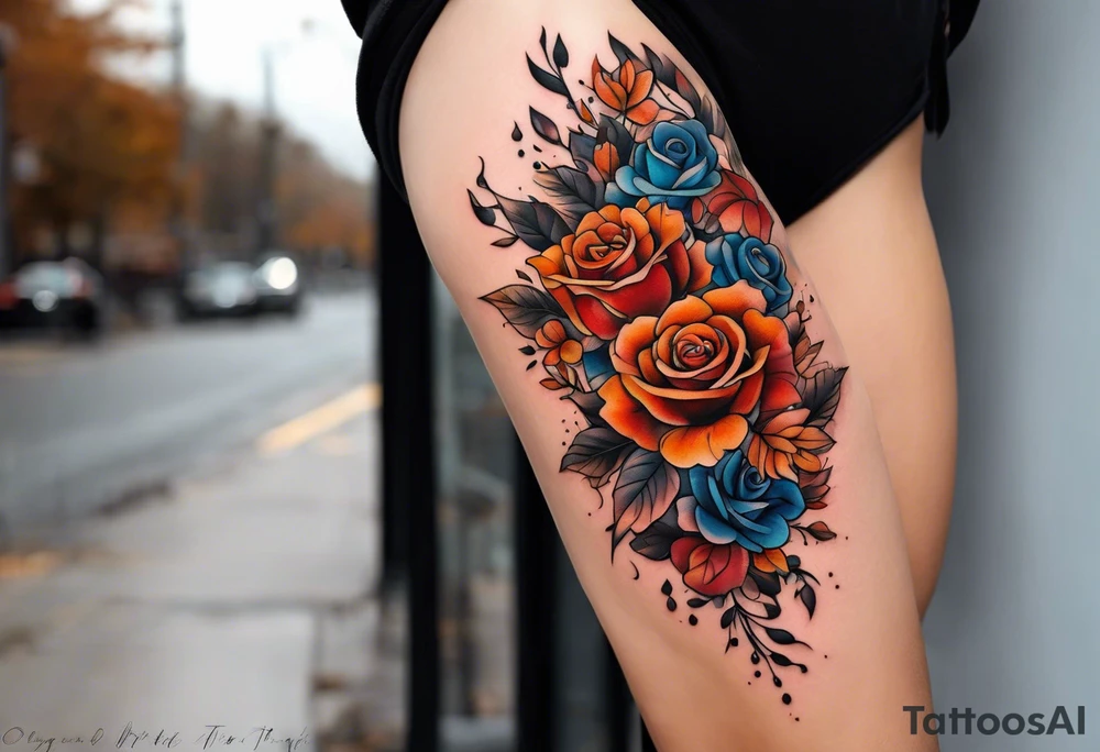 thigh tattoo with fall colors showing, small flowers, roses, water flow, and sky tattoo idea
