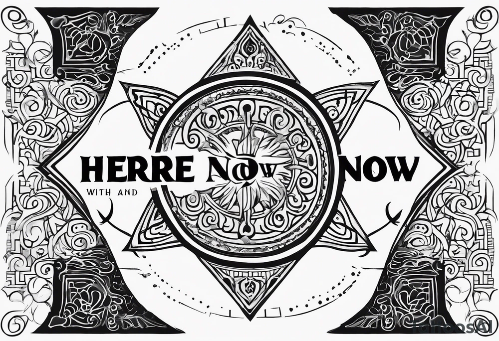 dharma symbol with "here and now" message tattoo idea