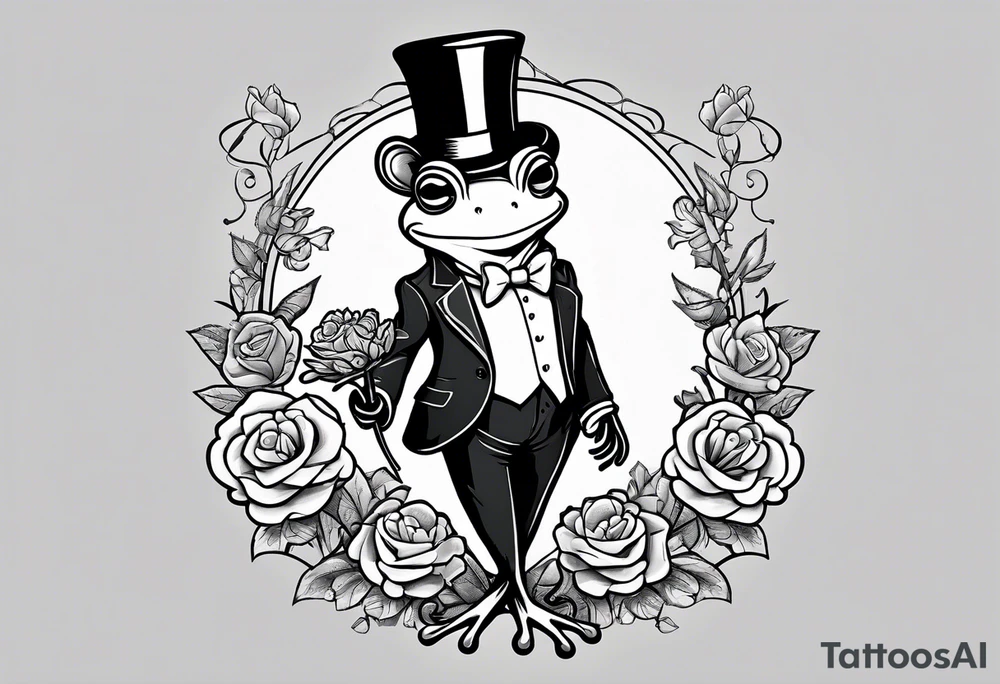 Cute Frog standing on back legs  in a top hat and a formal suit holding flowers to go on a date tattoo idea