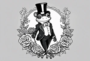 Cute Frog standing on back legs  in a top hat and a formal suit holding flowers to go on a date tattoo idea