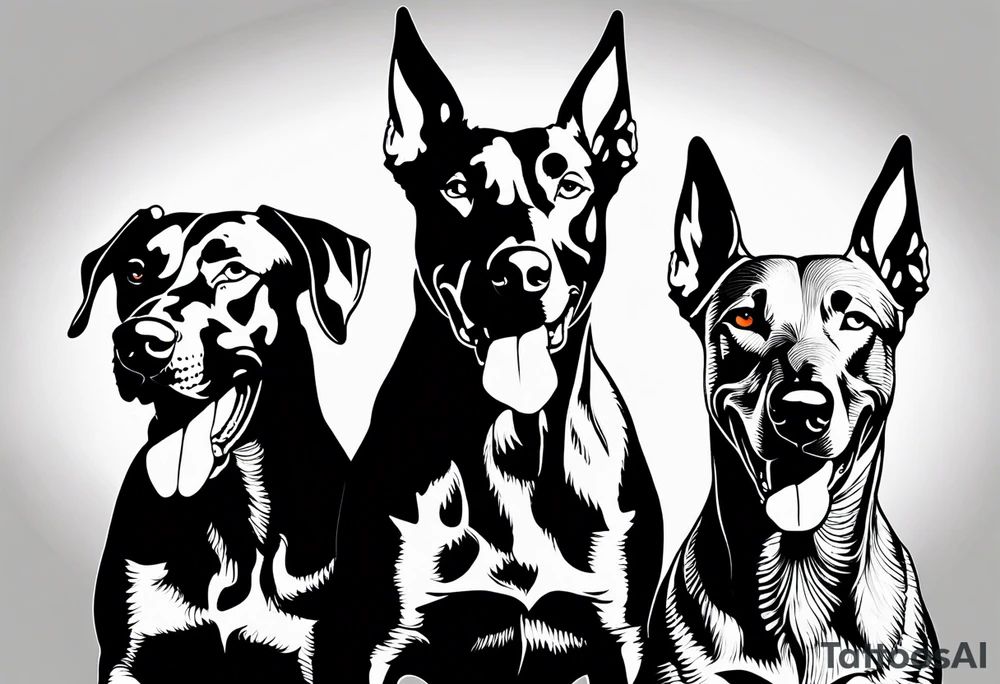 3 very angry Dobermans with fangs tattoo idea