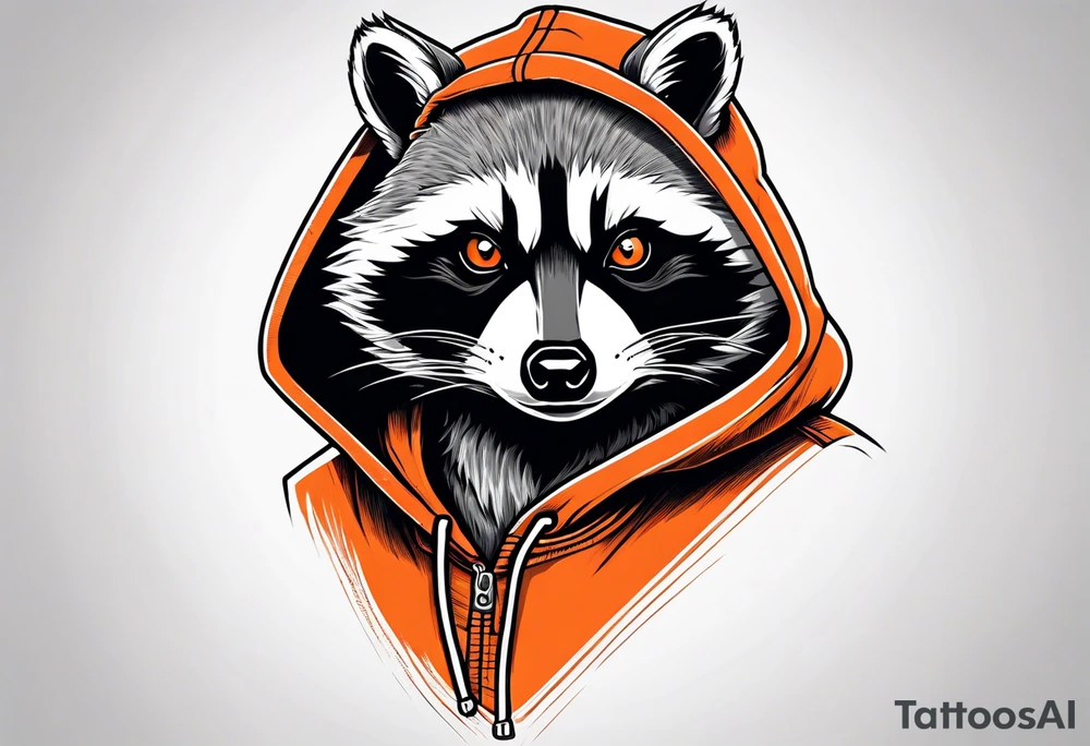 Raccoon wearing an orange Superman hoodie tattoo idea