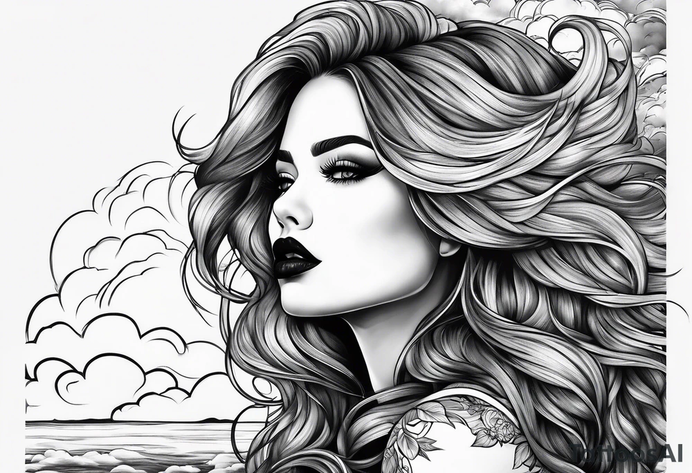 Woman long hair dark lips sky clouds tattoo idea