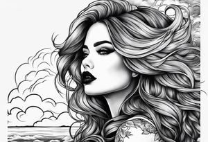 Woman long hair dark lips sky clouds tattoo idea