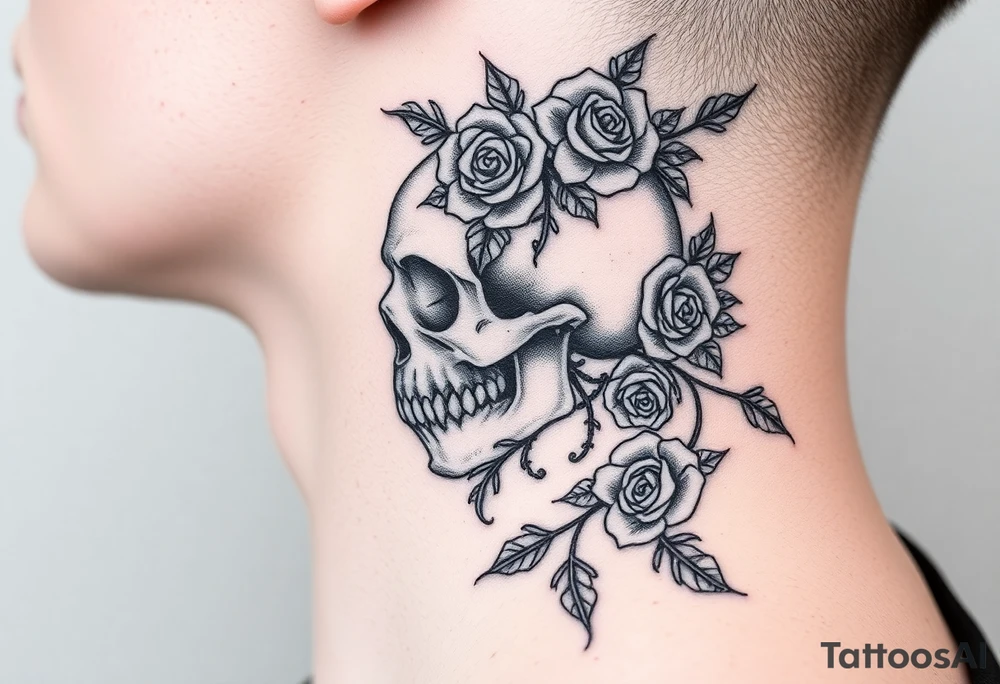 gothic skull intertwined with climbing roses and thorny vines tattoo idea