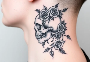 gothic skull intertwined with climbing roses and thorny vines tattoo idea