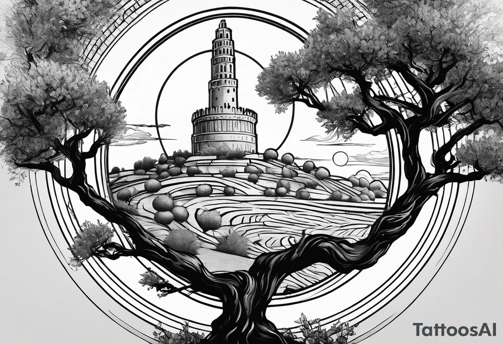 An olive tree surrounded by a circle with Saturn and the Babel tower in the background. tattoo idea