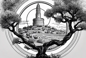 An olive tree surrounded by a circle with Saturn and the Babel tower in the background. tattoo idea