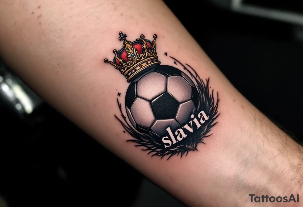 A black ball with a Slavia-red crown hovering above it like a king of the pitch and word "slavia" placed under it. tattoo idea