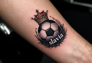 A black ball with a Slavia-red crown hovering above it like a king of the pitch and word "slavia" placed under it. tattoo idea