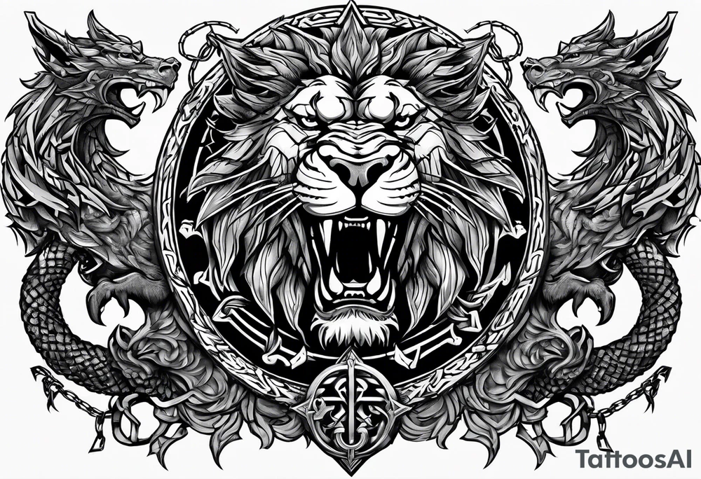 Valhalla sword shield dragon axe Valknut barbed wire chains lion tattoo idea Valhalla sword shield dragon axe Valknut barbed wire chains lion tattoo idea