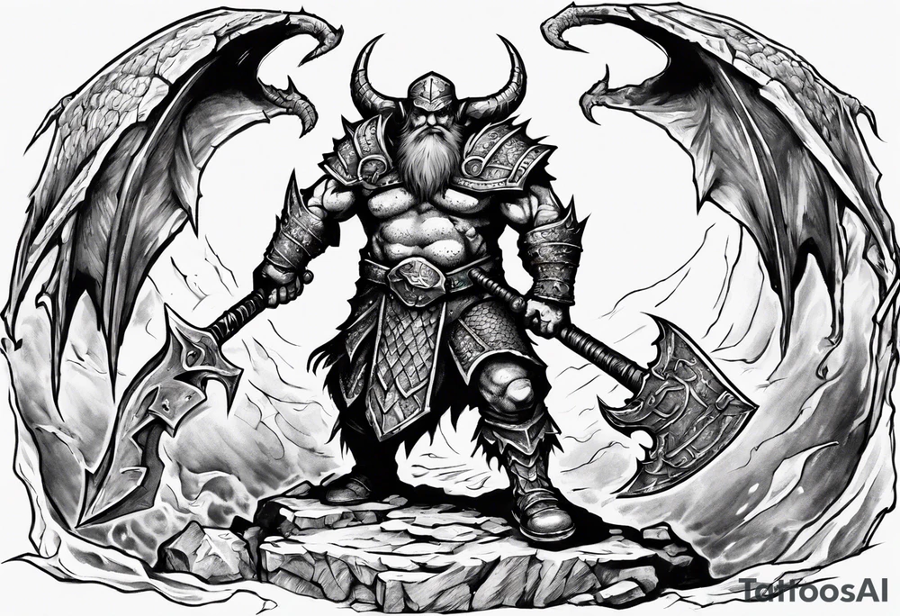 dwarven warrior with a war axe fighting against a dragon in the pit of hell tattoo idea