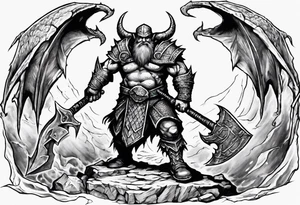 dwarven warrior with a war axe fighting against a dragon in the pit of hell tattoo idea
