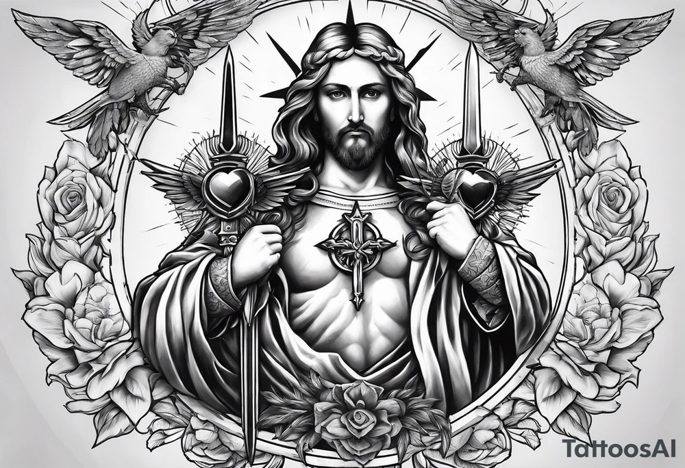 sacred heart with 3 swords instead of a cross. In front of a seraphim. tattoo idea