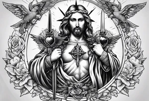 sacred heart with 3 swords instead of a cross. In front of a seraphim. tattoo idea