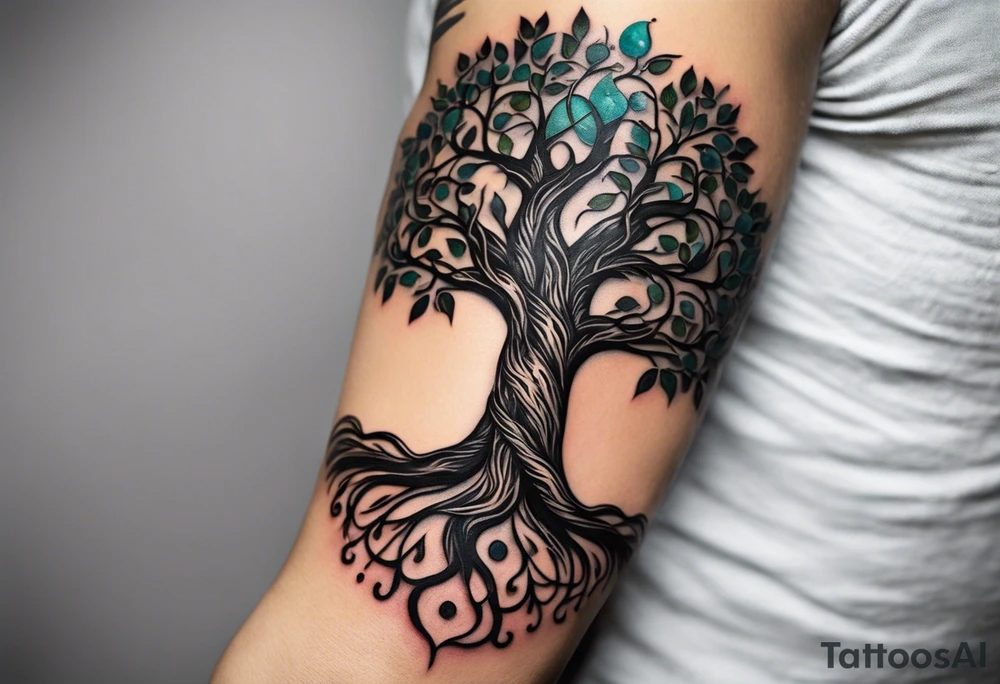 The tattoo should have roots where the entire arm goes, the date of birth of my children can be seen. There are supposed to be several swords over this family tree like the Damaglos, which is supposed to show attacks on my family. A symbol that shows the protection and strength of us would also be good. The death of my mother in 2018 should also be found tattoo idea