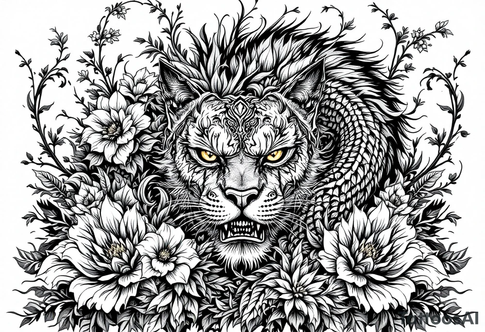 powerful big comodo, surrounded by floral ornaments tattoo idea