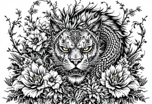 powerful big comodo, surrounded by floral ornaments tattoo idea