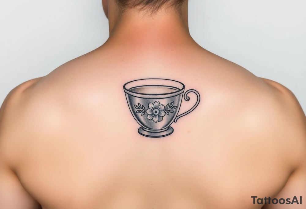 Dainty cup of tea with small floral arrangement tattoo idea