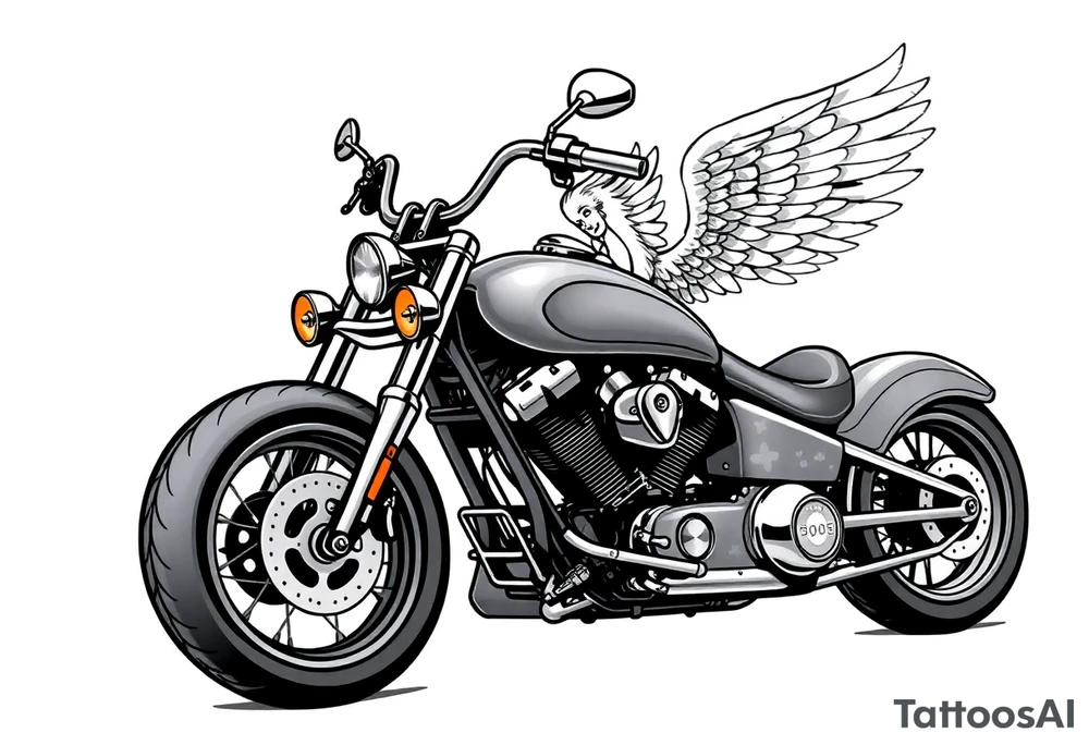 Low rider grey motorcycle, big muffler pipes with flames, angel wings, driving away, no person tattoo idea