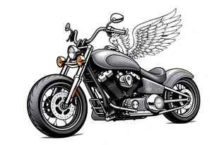 Low rider grey motorcycle, big muffler pipes with flames, angel wings, driving away, no person tattoo idea