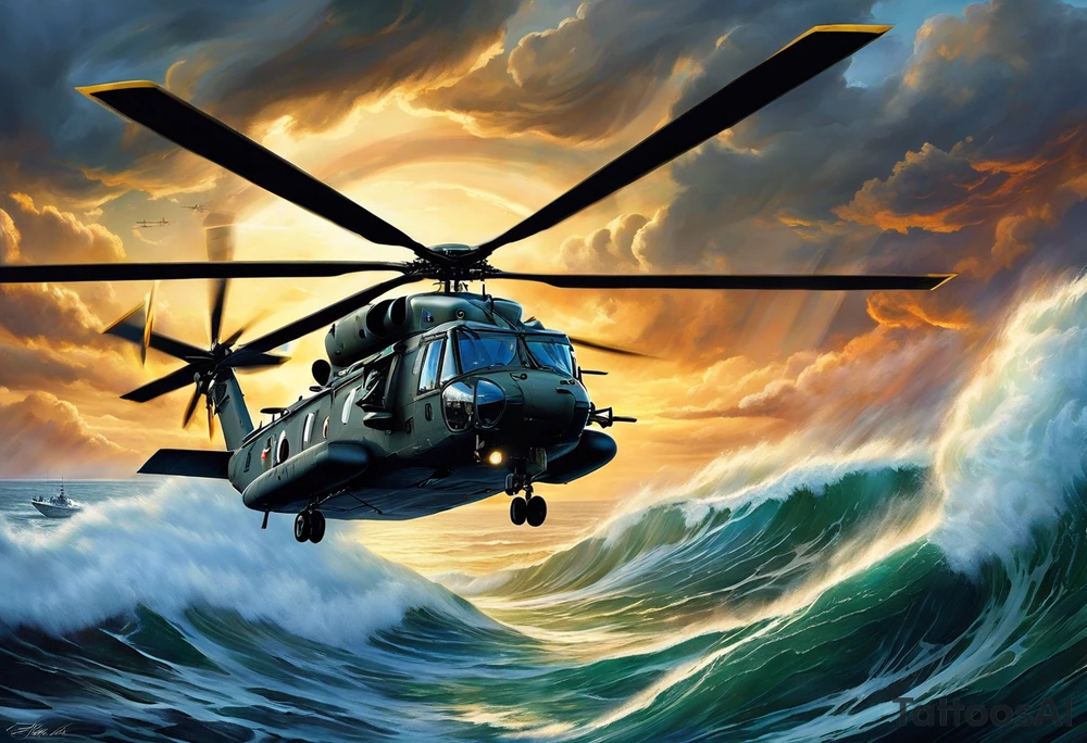 A cinematic-style tattoo depicting a Canadian military CH-148 Cyclone helicopter performing a daring maneuver over a turbulent ocean. The sky should be filled with dramatic clouds, and the sun should be setting, casting long shadows. The helicopter should be the main focus, with intricate details and a sense of motion. In the background, a poppy should be prominently displayed, and a quote from 'Lest We Forget' should be included, black and white tattoo tattoo idea