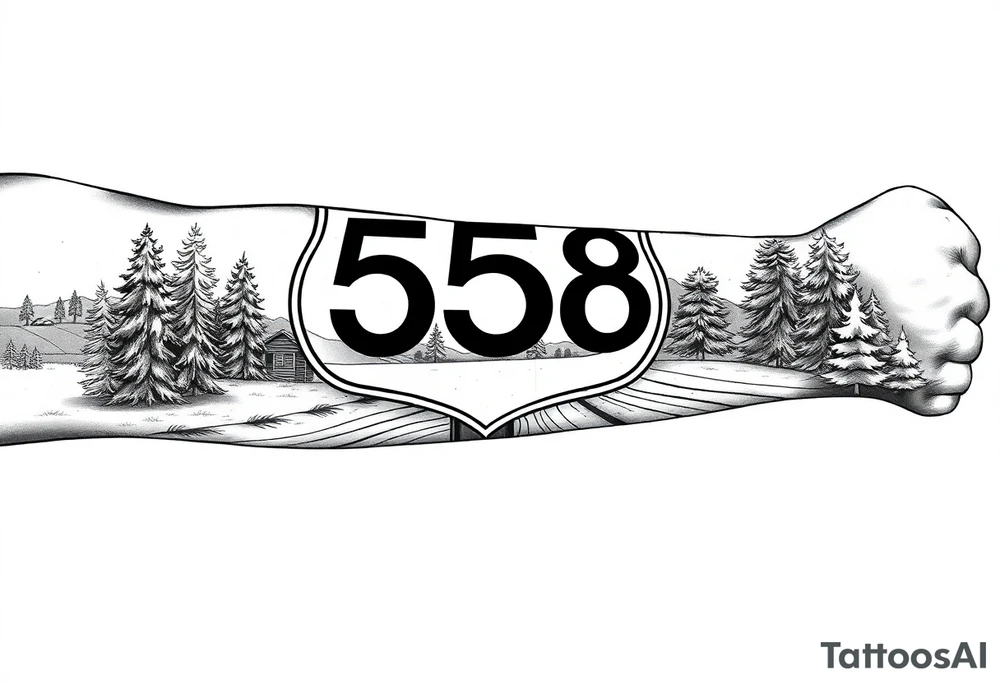 Arm sleeve State Route sign 558, with trees all around and farm in background, road w/ view tattoo idea