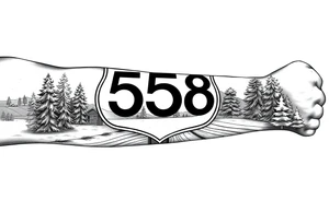 Arm sleeve State Route sign 558, with trees all around and farm in background, road w/ view tattoo idea