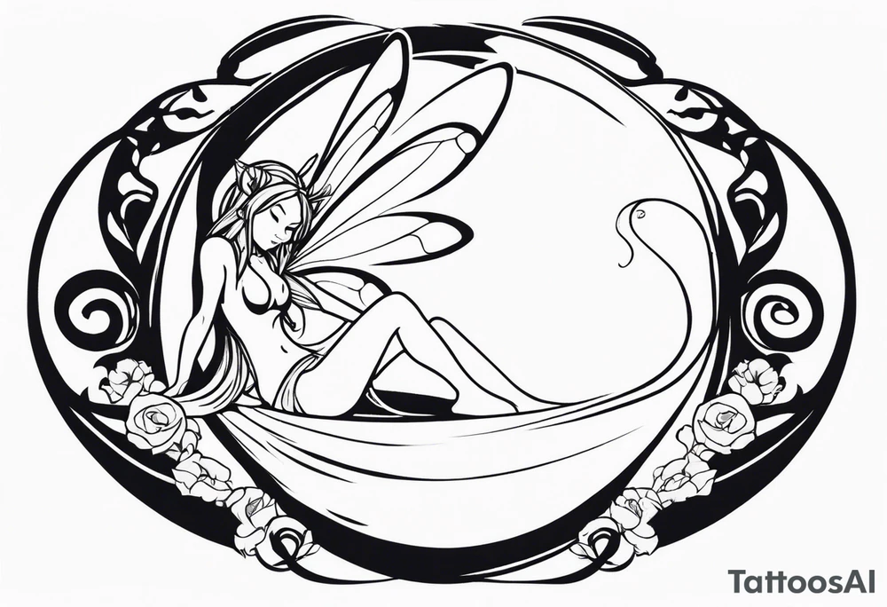 A fairy with a tail inspired by the logo of the show called Fairy Tail in a fetal position tattoo idea