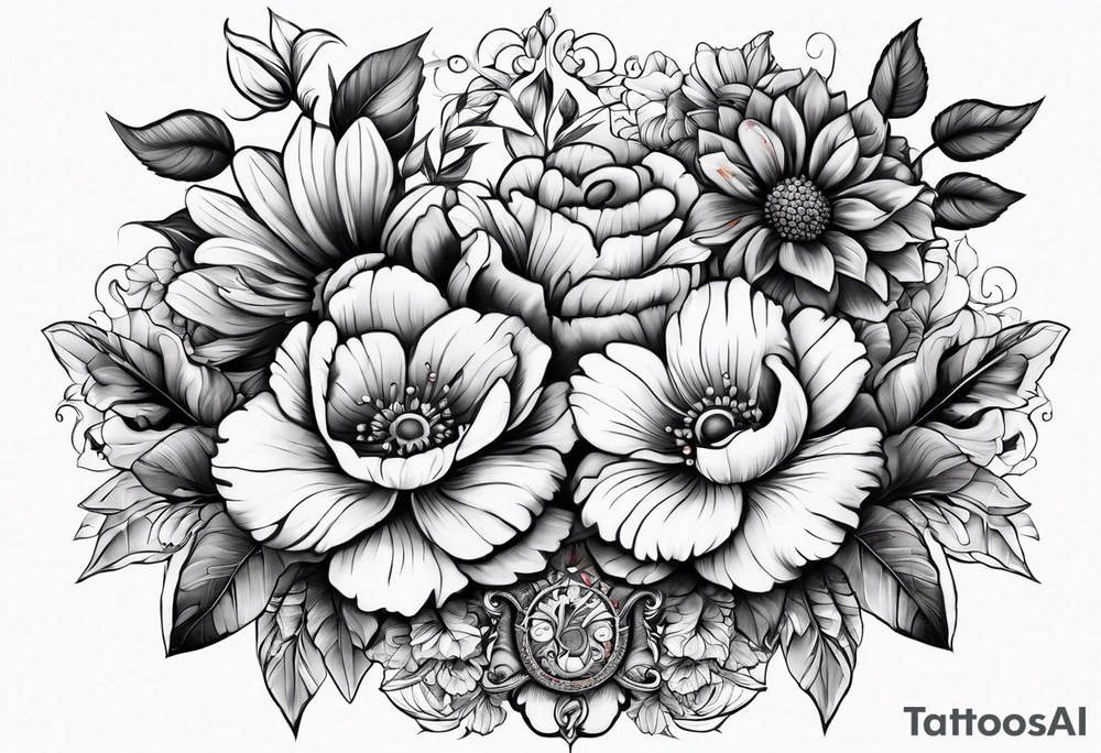 The number seven surrounded by colorful flowers tattoo idea