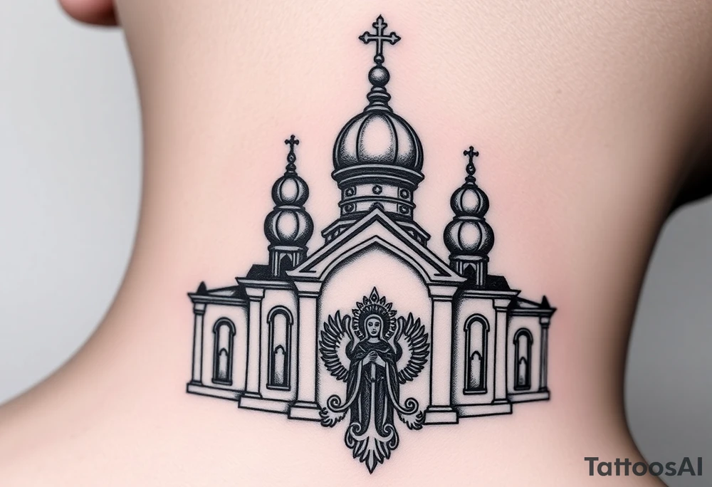 medium sized Russian orthodox church with bulb domes with a prominent russian orthodox coat of arms & virgin mary tattoo idea
