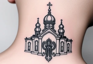 medium sized Russian orthodox church with bulb domes with a prominent russian orthodox coat of arms & virgin mary tattoo idea