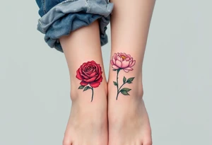 One partner wears a rose in deep red tones, while the other has a blooming peony in pink, together symbolizing eternal passion and beauty. tattoo idea