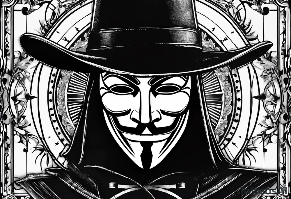 Centered v for vendetta, mask only. No hat.   Vintage compass surround. Crossed fencing swords. Pop art tattoo idea