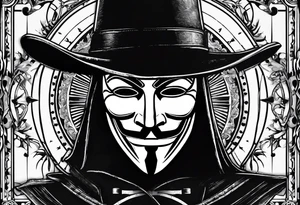 Centered v for vendetta, mask only. No hat.   Vintage compass surround. Crossed fencing swords. Pop art tattoo idea