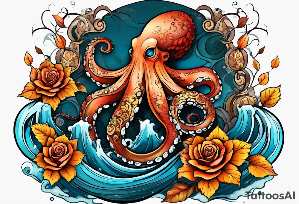masculine abstract left thigh tattoo with a large long flowing octopus in water swirls wrapping around rocks, a rose, in fall colors with some small leaves and fall elements tattoo idea